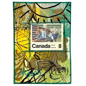 ACEO Original Art Acrylic Collage 1974 Mail Carrier Canada Postage Stamp ATC